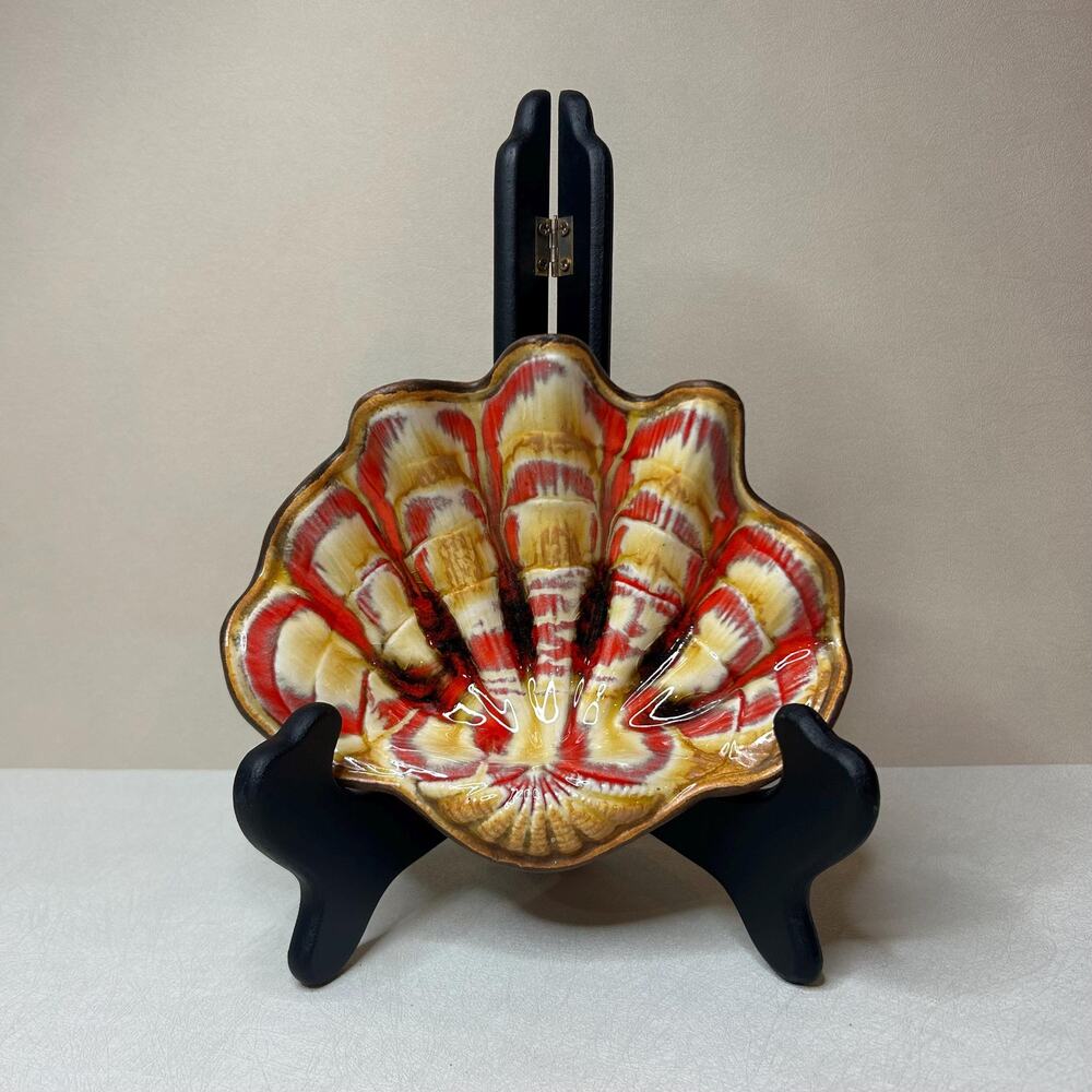Vintage Treasure Craft Ceramic Shell Dish Red Orange Ombre Clamshell Bowl No 6